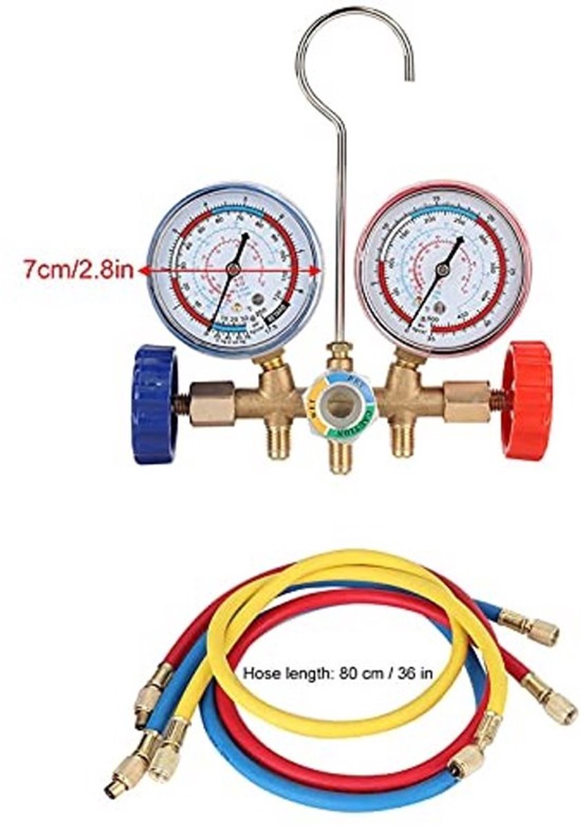 Manifold Diagnose-Set - 3 Slangen - Haken - Werkdruk 500Psi - Temperatuur - 80cm Slanglengte - Messing en Glas - Klimaanlagen Gereedschap
