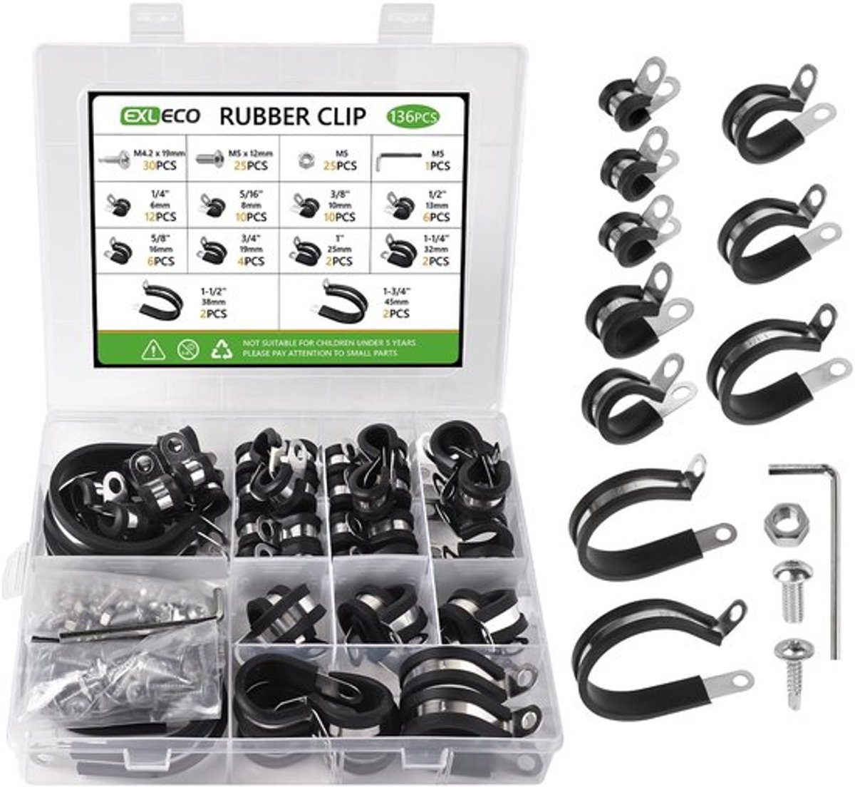 EXLECO 136 stuks kabelklemmen om vast te schroeven, kabelklemmen, roestvrij staal, kit, rubber, P-clips, buisklemmen met rubberen inzetstuk, buisklem voor leiding, draad, buis, 6 mm, 8 mm, 10 mm, 13