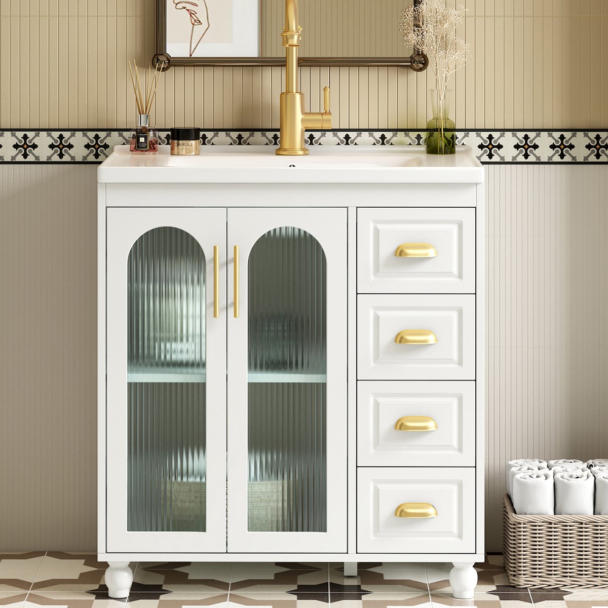 Pugsdrly oude sku:LY316465AAA-Badkamermeubels Enkele wastafel met onderkast 80 cm met keramische wasbak, wit