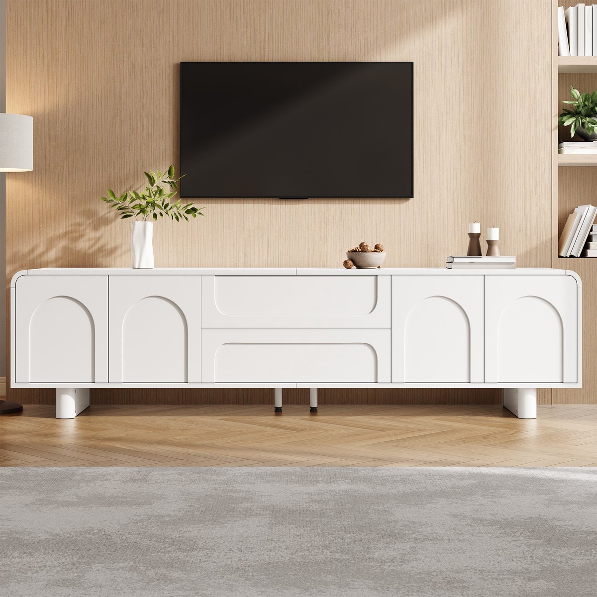Pugsdrly tv-kast, modern tv-lowboard met afgeronde hoeken, tv-tafel, woonkamerkast met deuren en lades, dressoir in minimalistisch design met opbergruimte