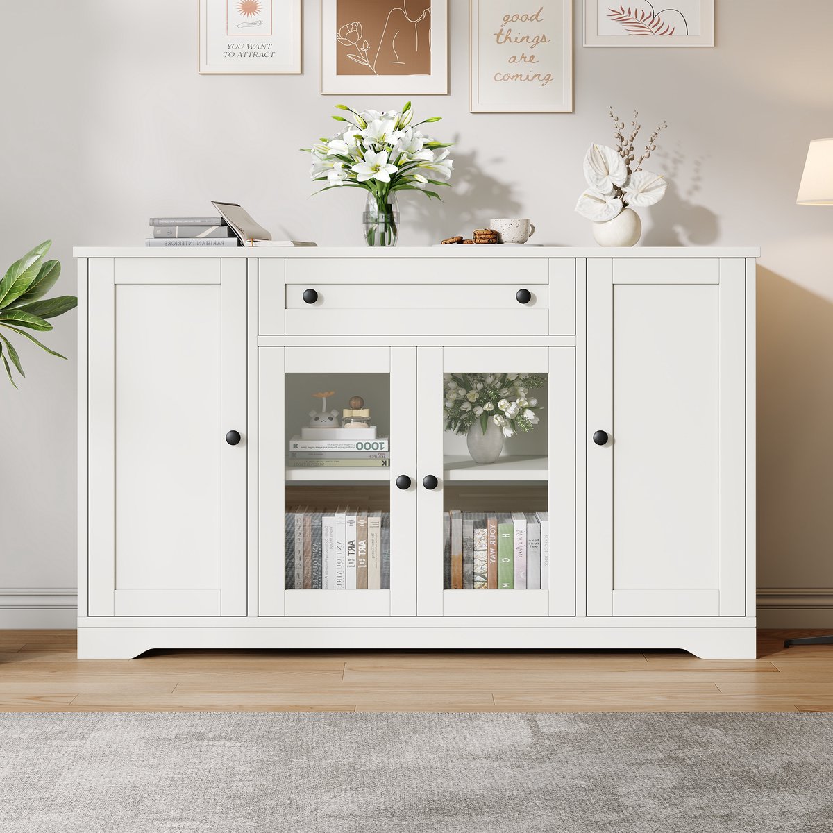 Pugsdrly Modern wit dressoir met 4 deuren, met 2 glazen deuren en zwarte, ronde handgrepen, 1 lade, multifunctionele opbergkast, kast voor woonkamer en eetkamer, hal, wit, 138x40x83 cm