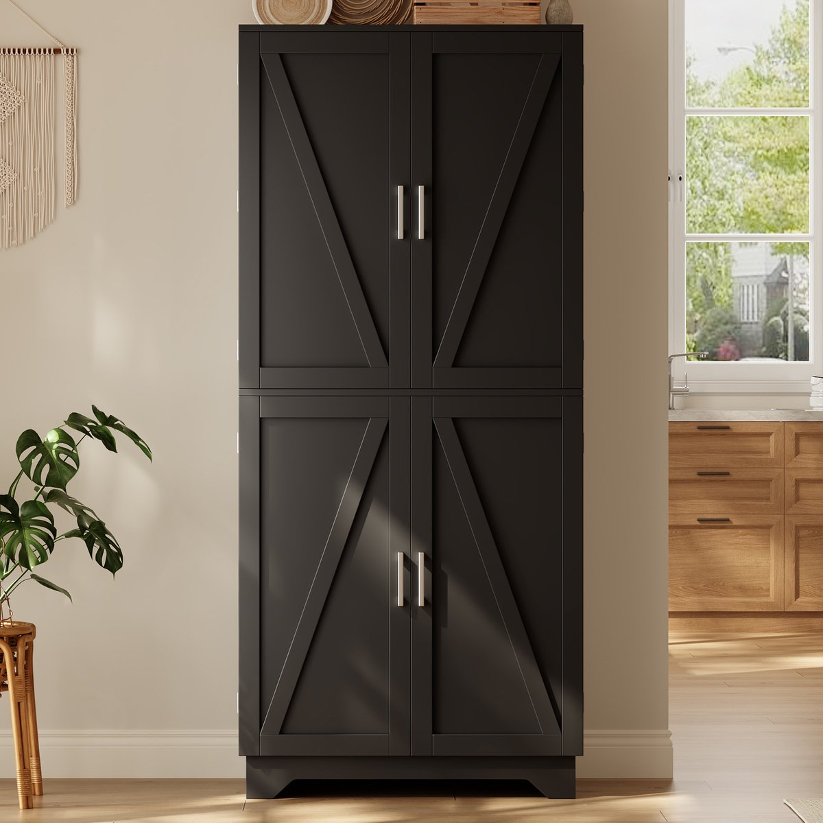 Pugsdrly Keukenkast, hoge opbergkast met 4 deuren in schuurdeurstijl, voorraadkast met wijnrek en deurplank, opbergkast voor de woonkamer en eetkamer, 80 × 40 × 180 cm