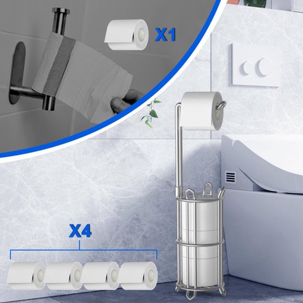 Toiletrolhouder Staand - Toiletpapierhouder - Reserverolhouder - Waterdicht - Ruimte voor 4 Rollen - Opbergtoren