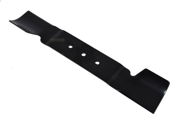 Lame de tondeuse noire de 37 cm avec trois trous et un bord de coupe courbé. Logo de marque 'perfekt Garten'.
