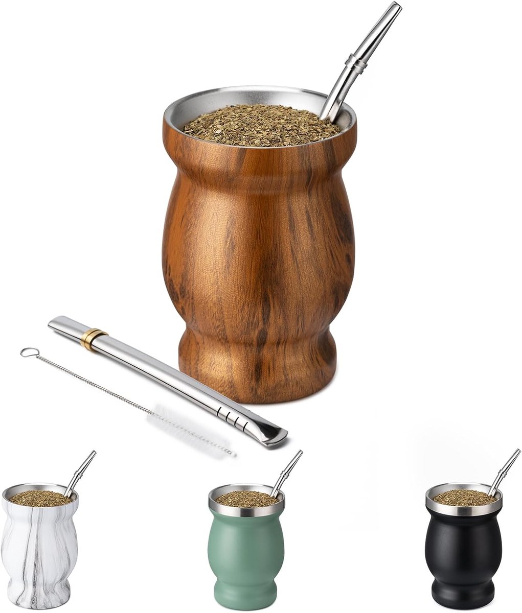 Yashumito Yerba Mate Beker Set - Dubbelwandig RVS 230 ml met 2 Bombilla's en Reinigingsborstel - Houtnerf