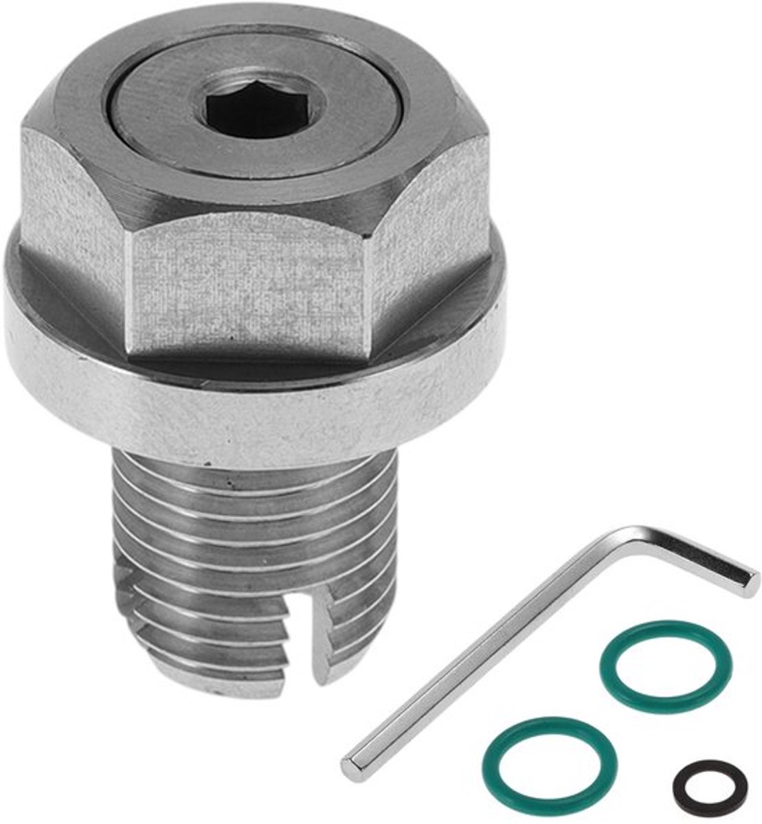 M12.1x1.25 Olie Afvoerplug Roestvrij Staal Olie Pan Drain Bolt Schroefdraad Reparatie 1 x Afvoerplug 1 x Zeskantsleutel 2 x Groene Ringen 1 x Zwarte Wasmachine