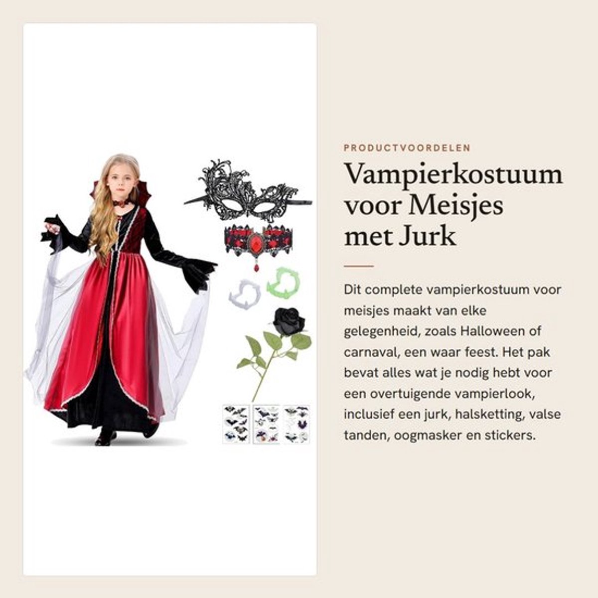 Vampierkostuum Kinderen - Inclusief Jurk/Halsketting/Tanden/Oogmasker - Halloween/Verkleedkostuum - 2 Maten - Geschikt voor Themafeesten