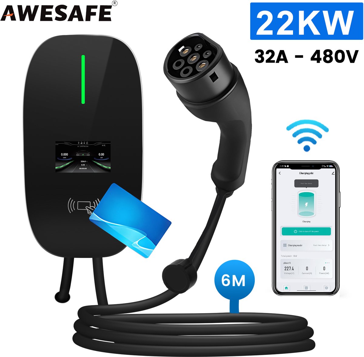 Awesafe 22KW Auto Laadpaal - Type 2 - 3-Fase - Waterdicht - 32A - 6A/8A/10A/13A/16A/20A/24A/32A Schakelbaar - 6M Laadkabel - Met App/WiFi Bediening - Zwart