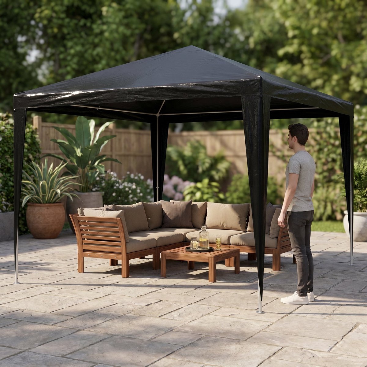 Cheqo® Partytent - Paviljoen Antraciet - Feesttent - Tuintent - Gazebo - Schaduwtent - Tuinpaviljoen - Waterdicht PE Dak - Open Paviljoen met Stevig Stalen Frame zonder Zijwanden voor Schaduw in de Tuin en op het Terras op Zonnige Dagen