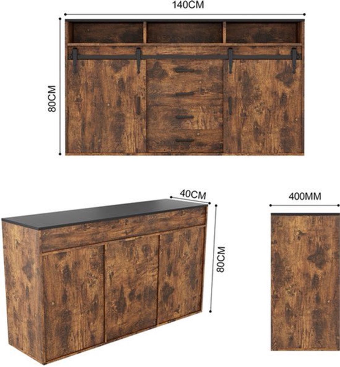 Dressoir – Dressoirkast – Sideboard – Opbergkast – Wit – 140 cm – Schuifdeuren – 4 Laden