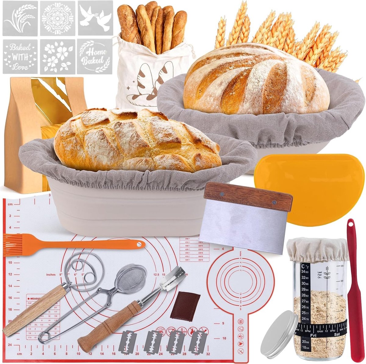 Rijsmanden en Zuurdeegglazen Set voor Brood Bakken, Perfect voor Beginners en Ervaren Bakkers, Inclusief 2 Siliconen Rijsmanden en Broodbakaccessoires
