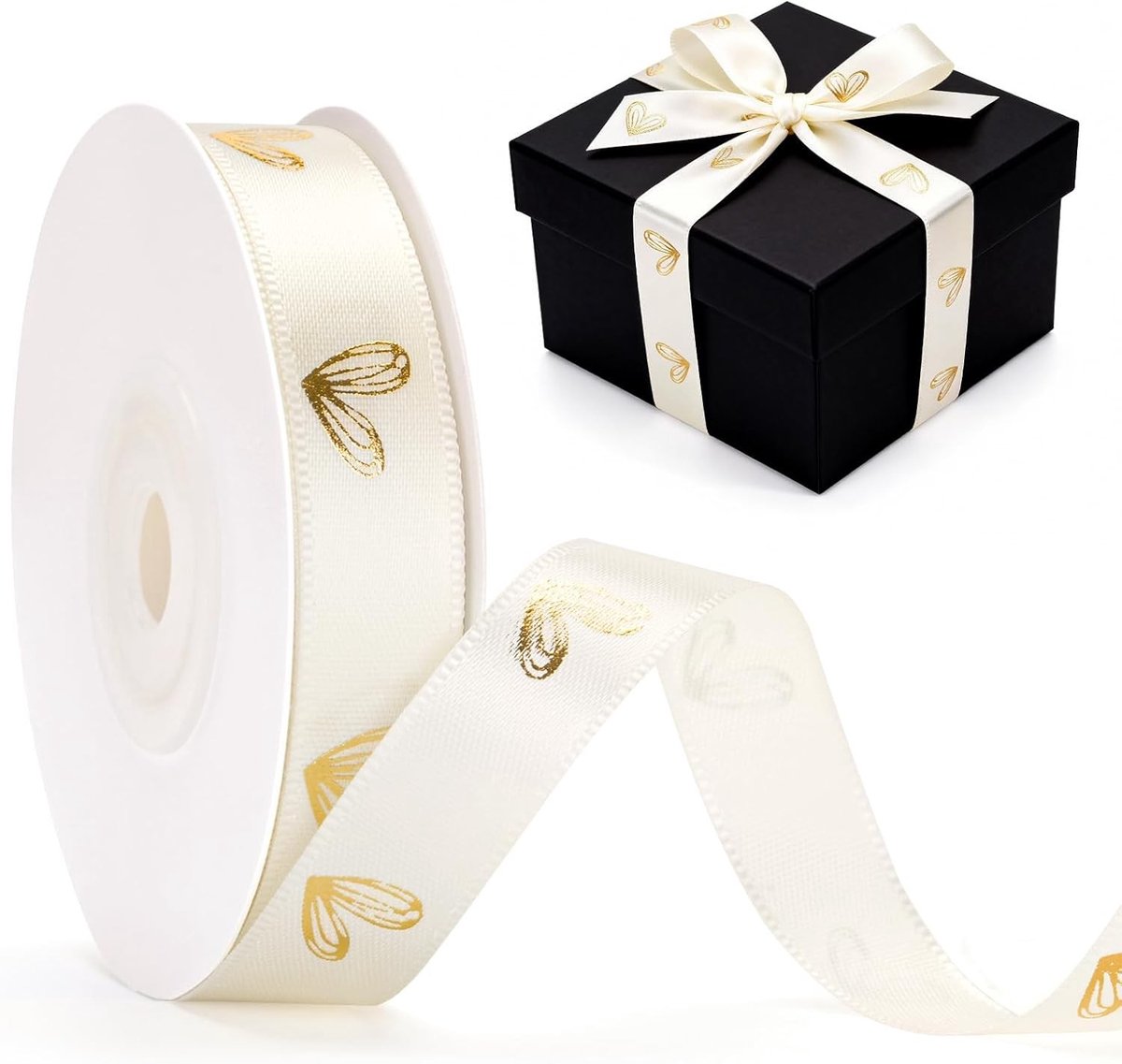 13mm Satijnlint in Ivoorwit met Gouden Folie Hart: Decoratief Cadeaulint, 18 m Lint voor Creatieve Projecten, Versiering voor Valentijnsdag en Bruiloften