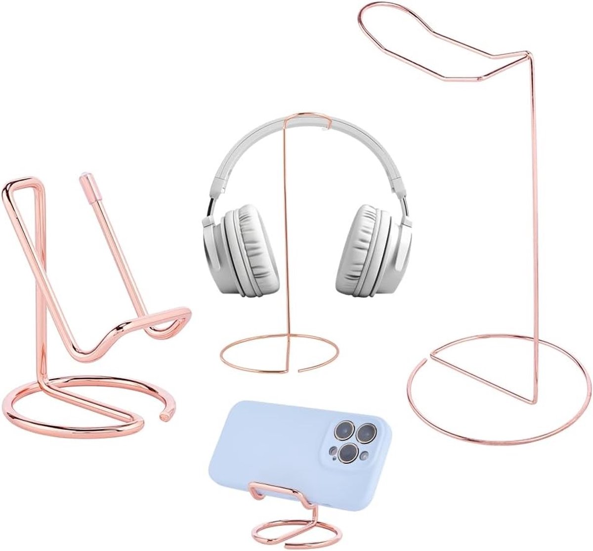 4 Stuks Oordopjes en Telefoonhouder, 2 Versies, Compatibele Oordopjeshouder, Hoofdtelefoonhouder voor Smartphones en Tablets (Roségoud)