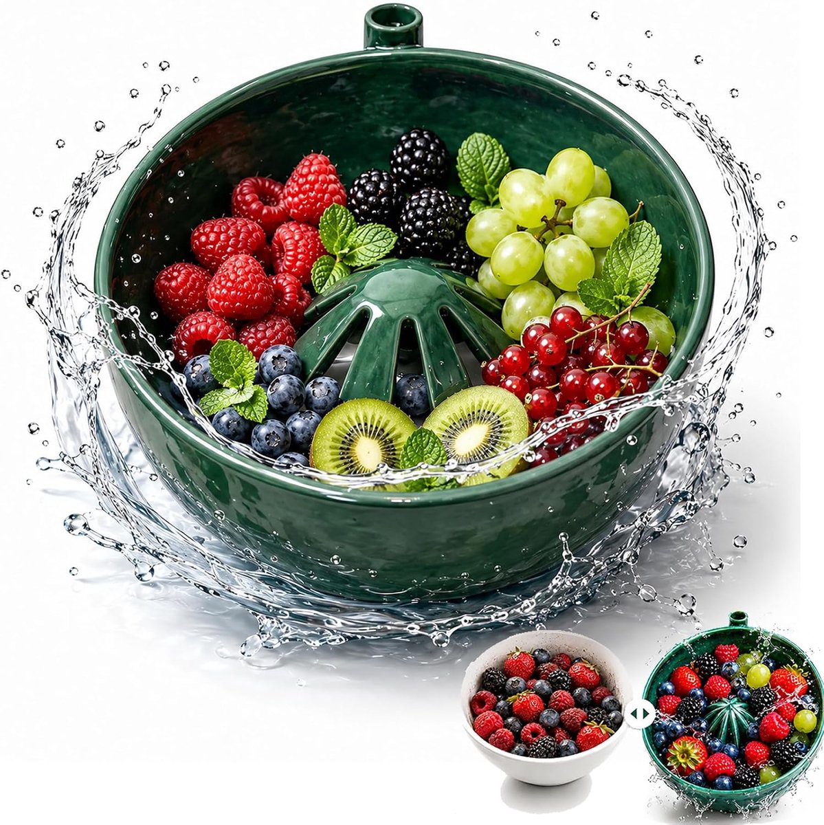 Bobypet - Bessenkom - Keramische fruitwasbak met afvoerfunctie - Draaibare afvoerbak voor bessen en fruit - Voor gebruik in de keuken - 17 x 15 x 8 cm - Groen