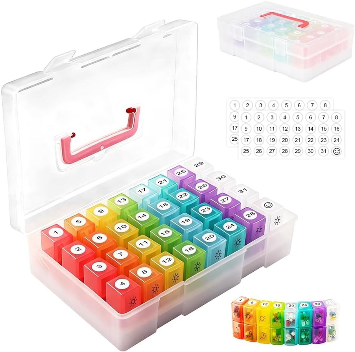 Maandelijkse pillendoos organizer met handvat en 32 vakken voor tabletten, grote medicijnbox voor vitaminen, praktisch en vochtbestendig, ideaal voor dagelijks gebruik en reis.