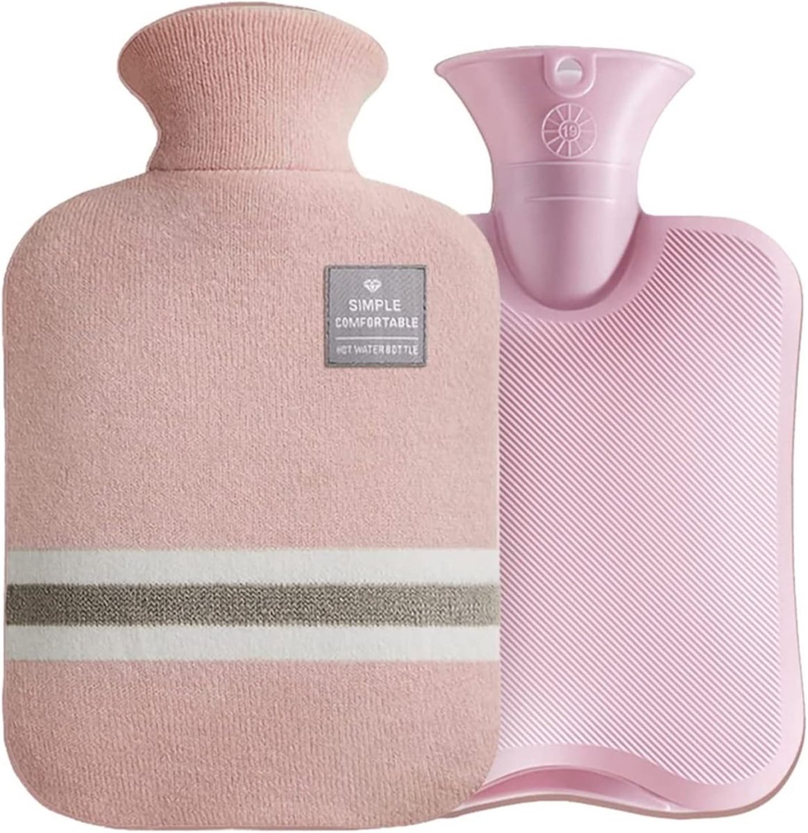 Warmwaterkruik met Gebreide Cover, 1 Liter PVC Fles voor Hand- en Voetverwarming, Pijnverlichting voor Nek en Schouders (Roze)