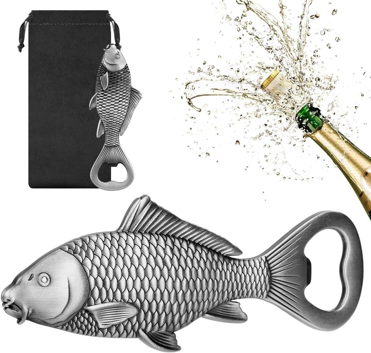 Flesopener Karper - Vis Cadeau - Bier Openen - Gedetailleerd Design - Zinklegering - Zilver