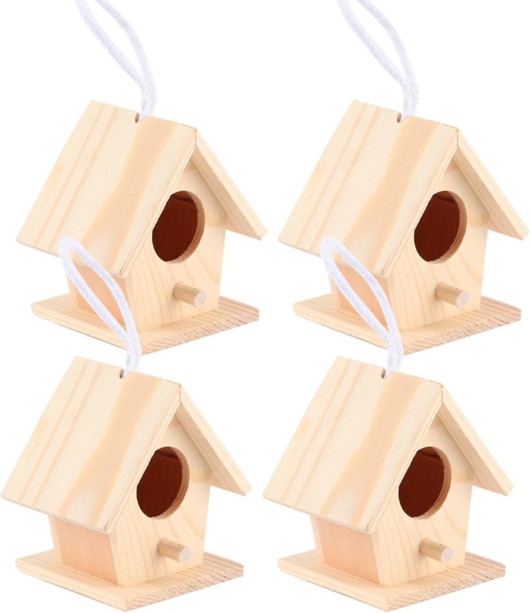 Houten Vogelhuisje voor Tuin Decoratie - Set van 4 Hangende Nestkasten voor Buiten voor Vogels en Tuinornamenten