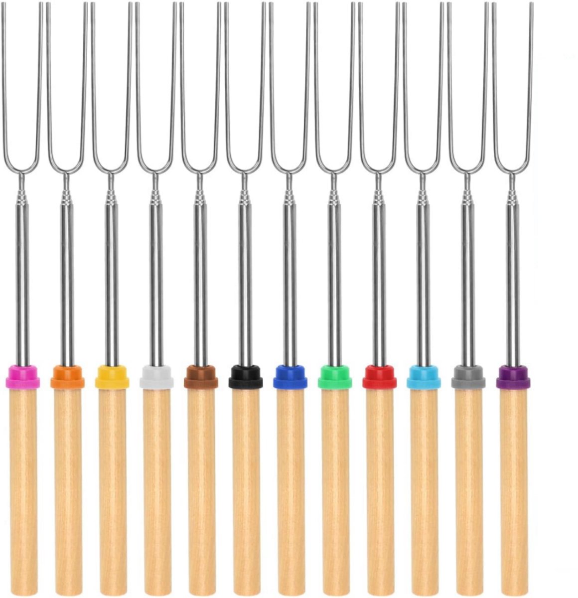 longziming -Telescoop Grillspiezen - BBQ Spiezen - Marshmallow Spiesen - 31-81 cm - RVS 304 - Houten Handvat - Dubbele Grillvork - 12 Stuks - Voor BBQ Kampvuur Camping