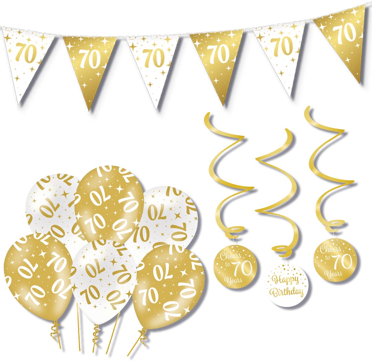 BTH – Verjaardag 70 Jaar – Wit-Goud – Verjaardag Set – Ballonnen-Swirls-Vlaggenlijn – Alles-in-1 – Decoratie Pakket