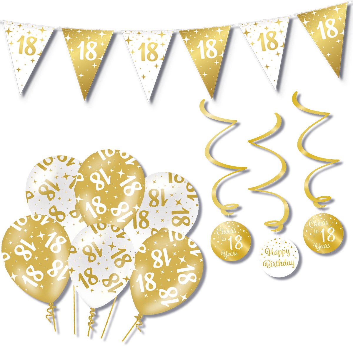 BTH – Verjaardag 18 Jaar – Wit-Goud – Verjaardag Set – Ballonnen-Swirls-Vlaggenlijn – Alles-in-1 – Decoratie Pakket
