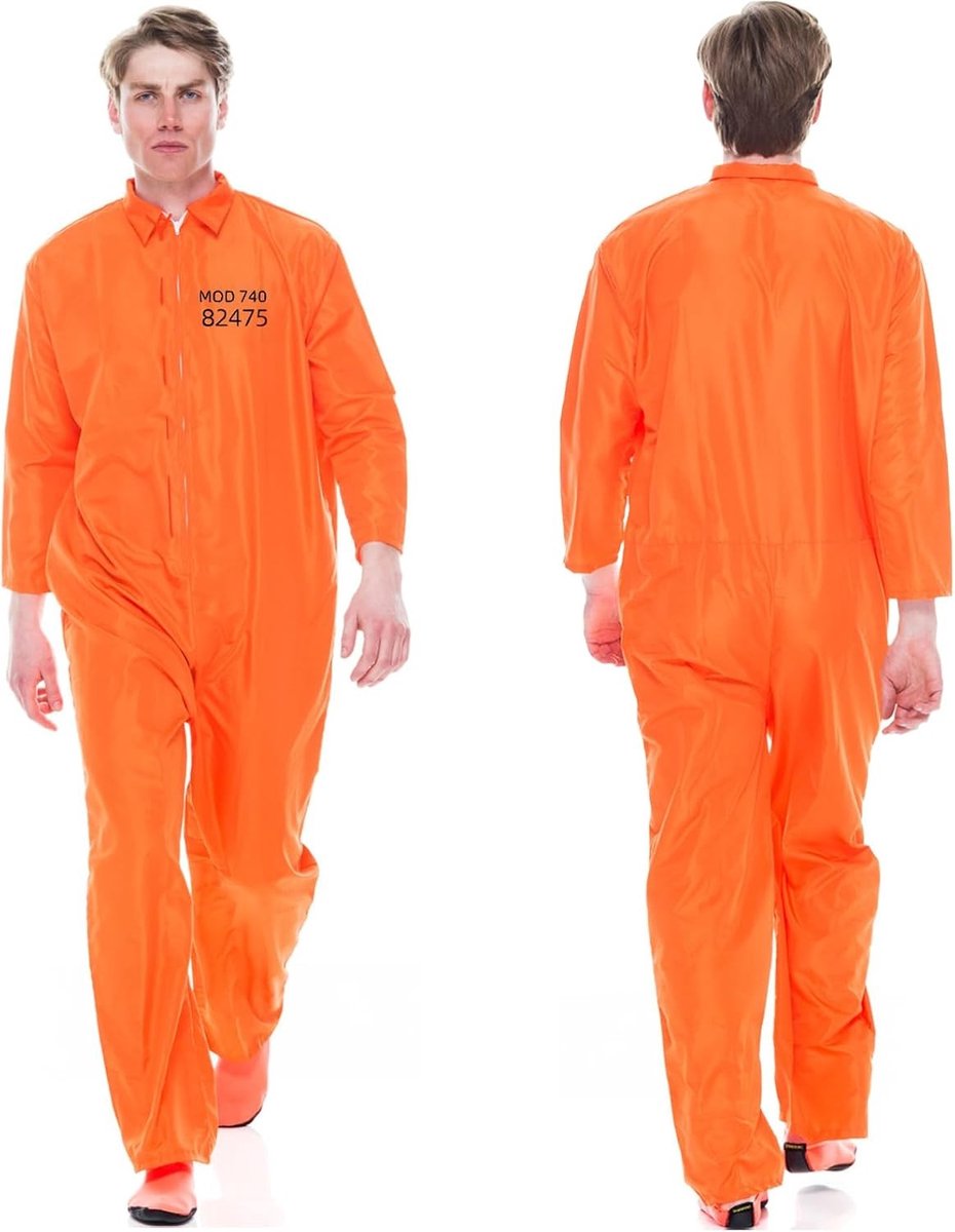 Oranje gevangenis kostuum voor volwassenen, jumpsuit voor themafeesten en Halloween, unisex outfit voor kostuumfeesten