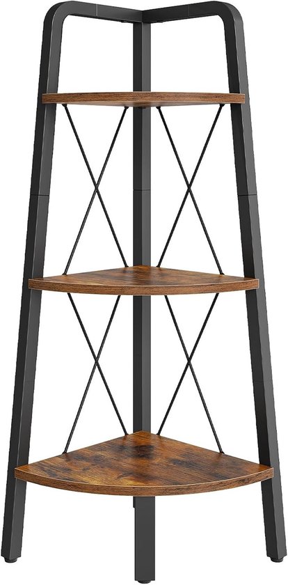 Drie-laags boekenplank, hoekrek, vrijstaand opbergmeubel voor woonkamer, slaapkamer en keuken, vintage bruin en zwart, ideaal voor planten en decoratie