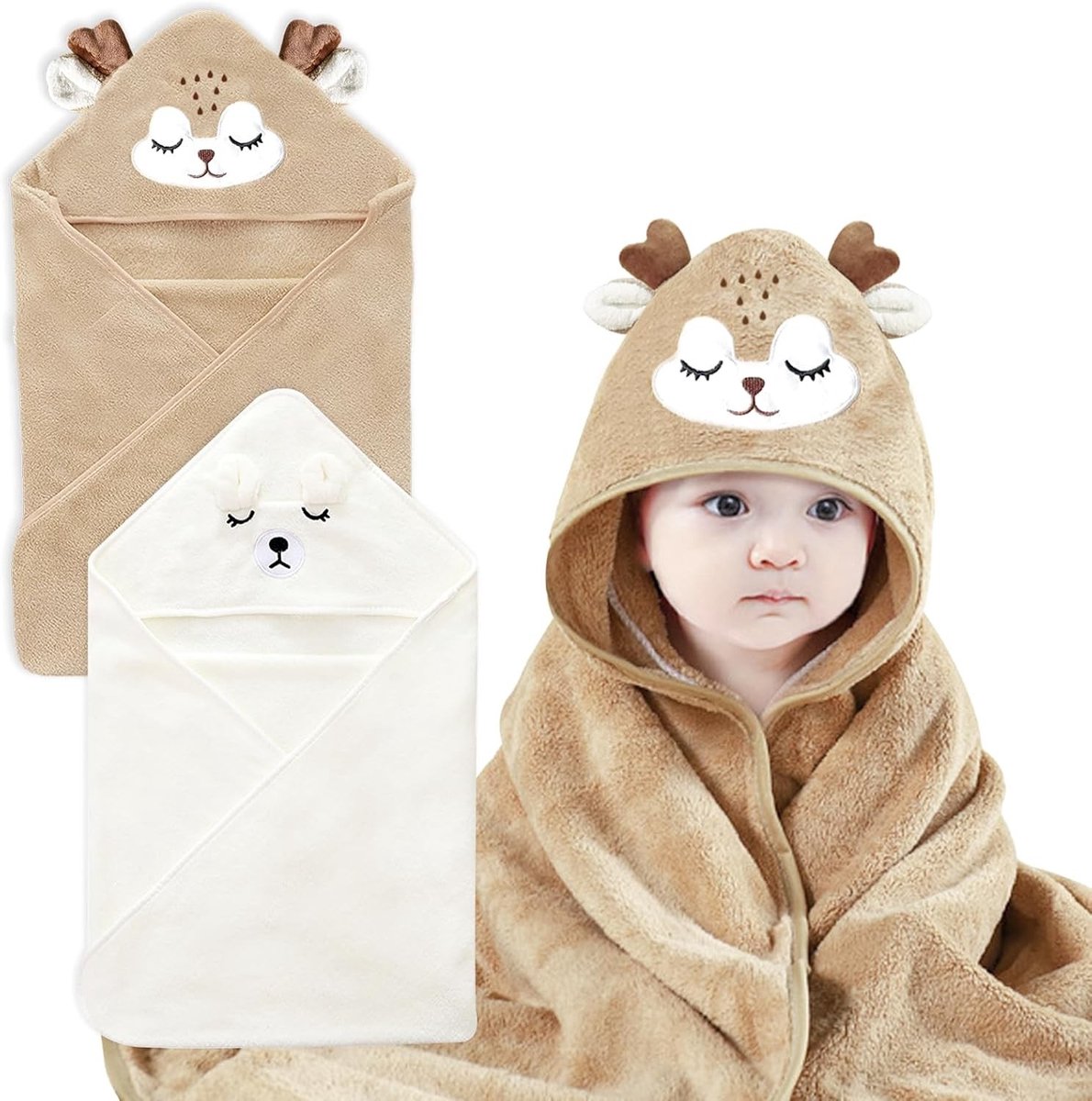 Set van 2 Baby Handdoeken 80 x 80 cm, Kaphanddoek en Badhanddoek, Zacht en Super Absorberend voor Baby's en Peuters (Bruin + Witte Beer)