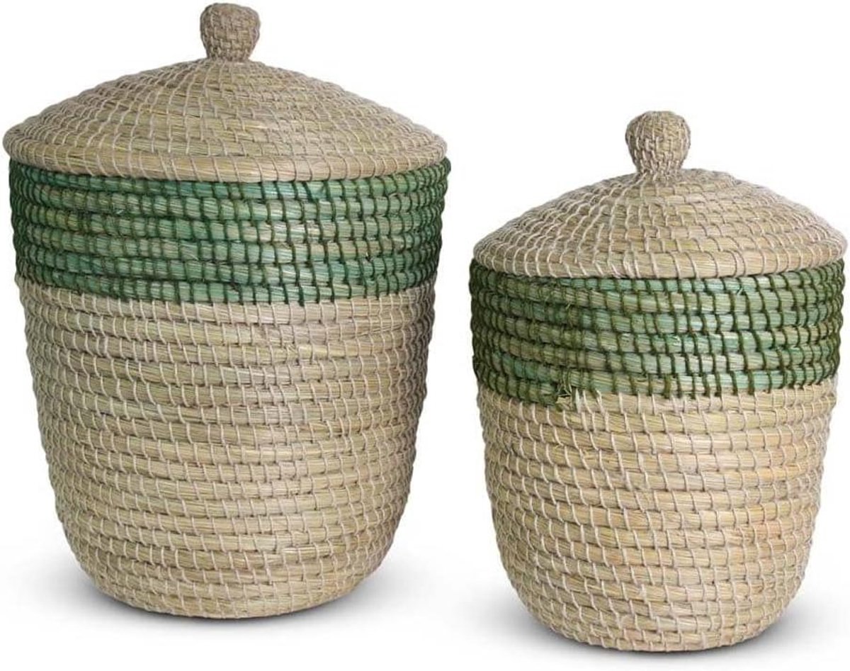 Rieten Manden - Opbergmand Wasbak - Opbergen & Decoreren - Met Deksel - Ø 45 x 60 cm - Groen