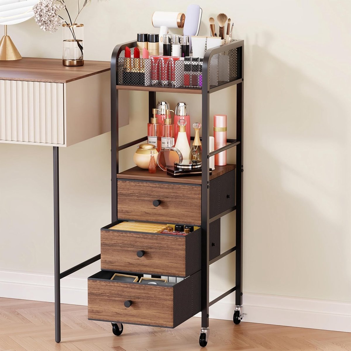 Rolling Makeup Trolley Organizer - Make-up Opbergtrolley met 3 Lades voor Huidverzorging, Cosmetica en Accessoires, Ideaal voor de Kaptafel en Schoonheidssalon