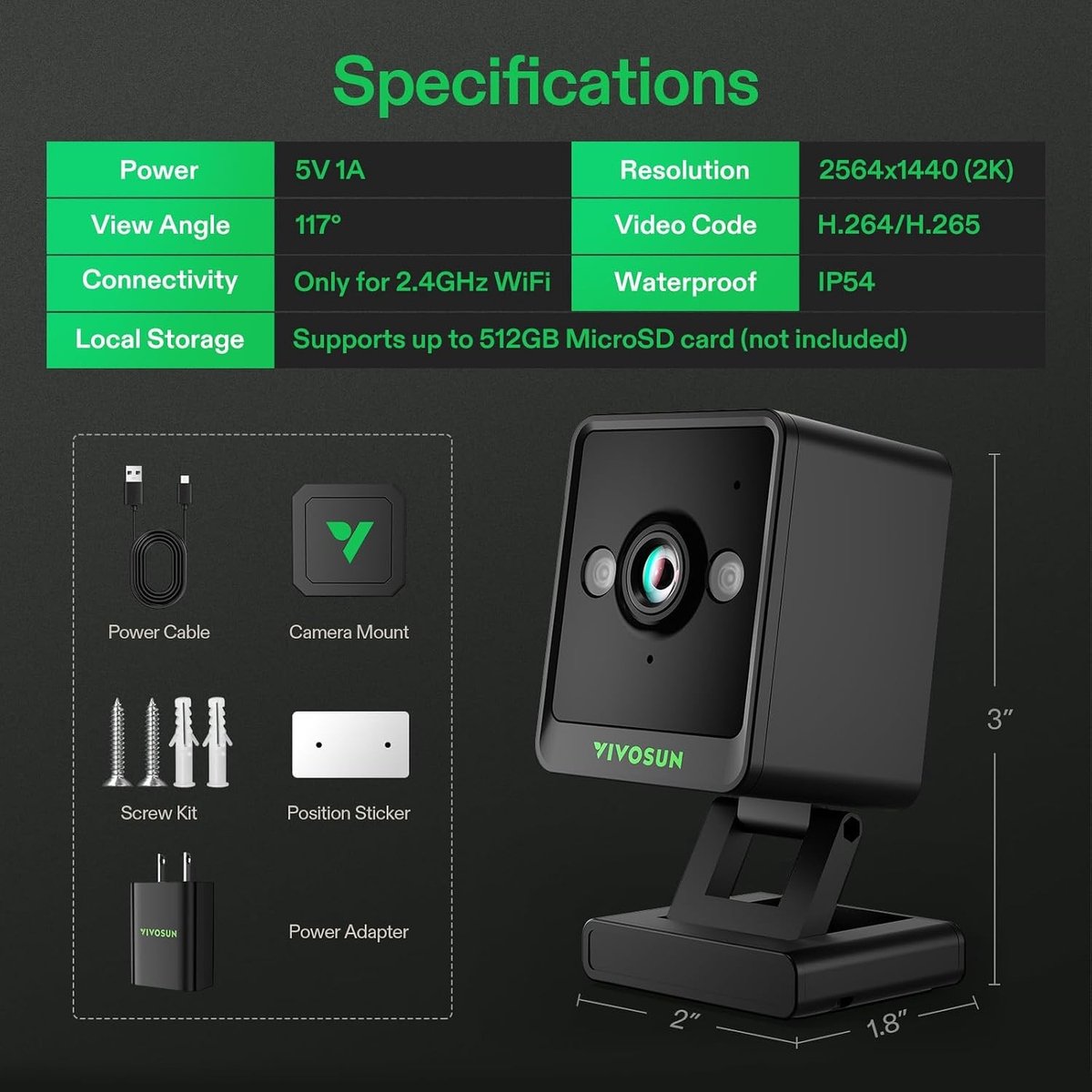 Kweekbak - Zwart - 2K QHD WiFi Smart Camera - Voor Kweektenten en Kweekboxen