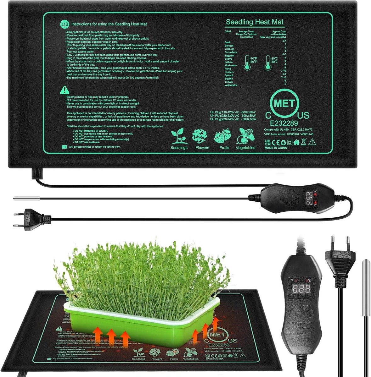 Kweekbak - Zwart - 25 x 52,5 cm - Verwarmingsmat met Digitale Thermostaat - Voor Planten, Huisdieren en Reptielen