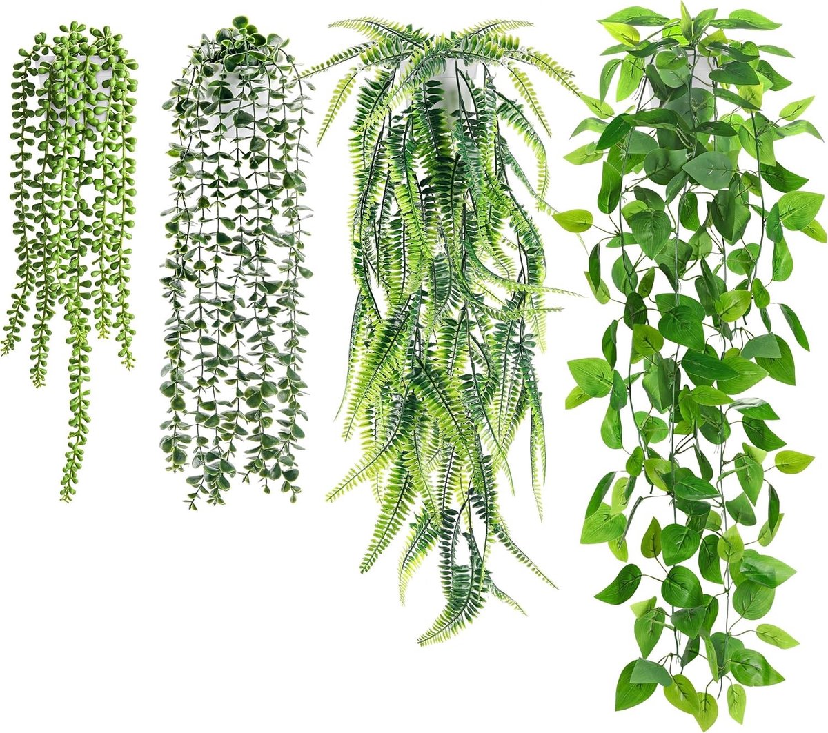 Kunstvetplanten met pot - Wit - Set van 4 hangende nepplanten - Kunststof decoratie voor binnen en buiten - Voor wand- en plankdecoratie