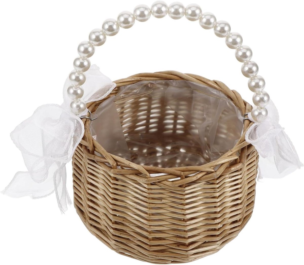 Mini Wicker Handtas - Rattan Tas Parel - Strandtas - Imitatie Parel Handvat - 14x14x9 cm - Lichtbruin