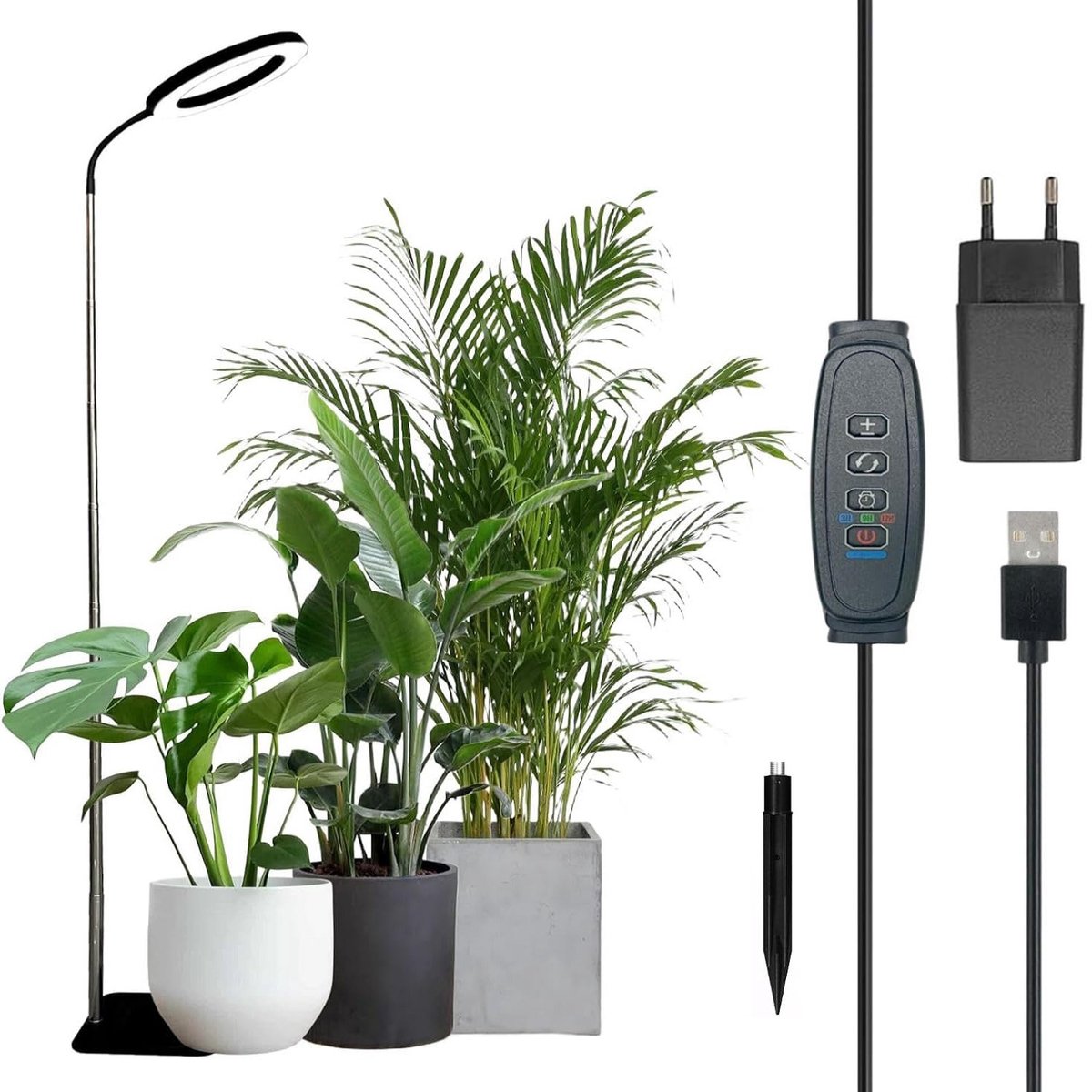 Rosnek LED Kweeklamp op Voet - Full Spectrum Groeilamp voor Planten - Dimbare Ringlamp met Timer 3/9/12 uur - Hoogte Verstelbaar met Voet of Direct in Potgrond - Plantenlamp voor Kamerplanten - USB - Zwart