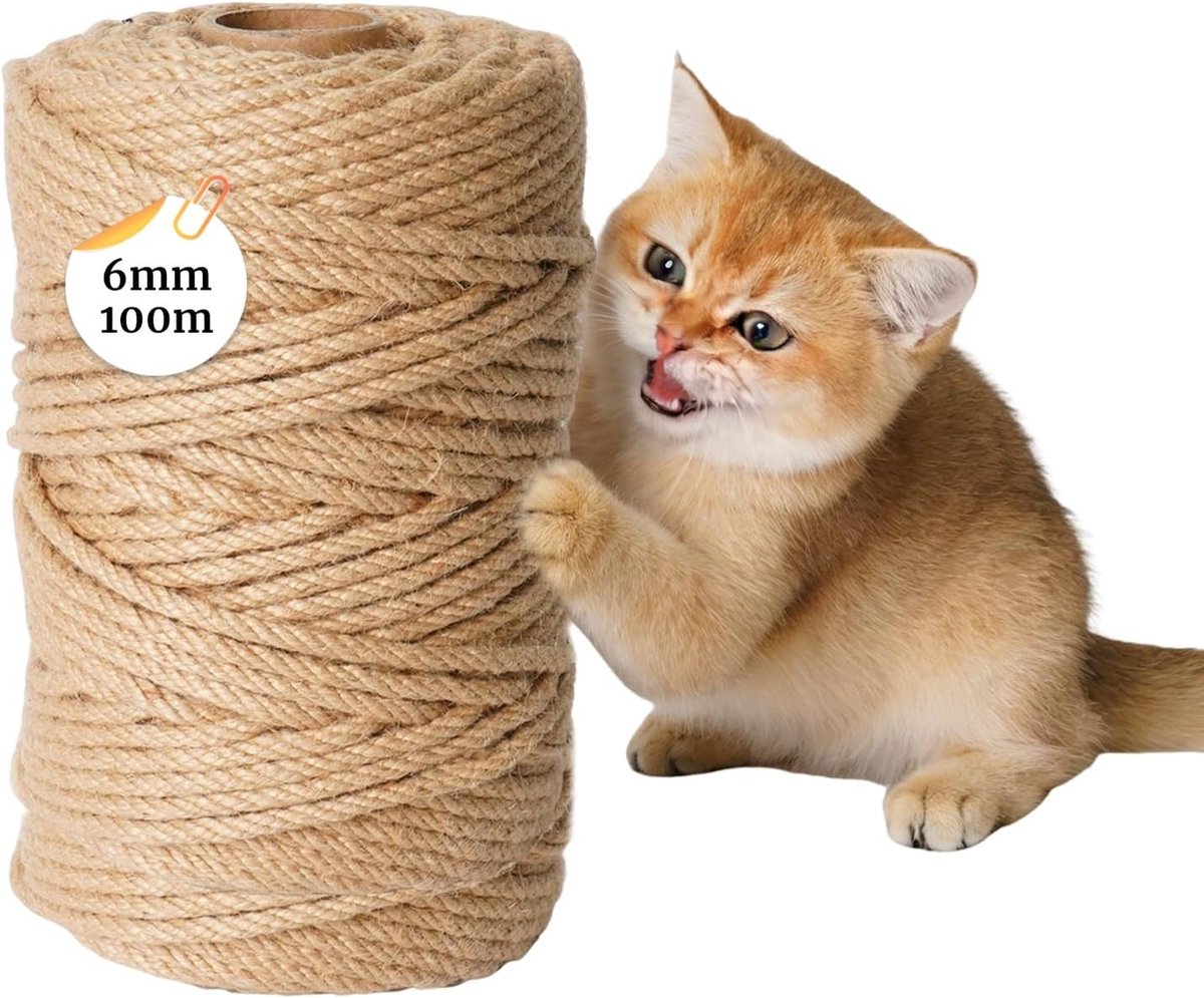Krabpaal voor zware katten - Natuurlijke kleur - 6 mm dik - 100 m duurzaam sisaltouw - Voor doe-het-zelf en kattenkrabpalen