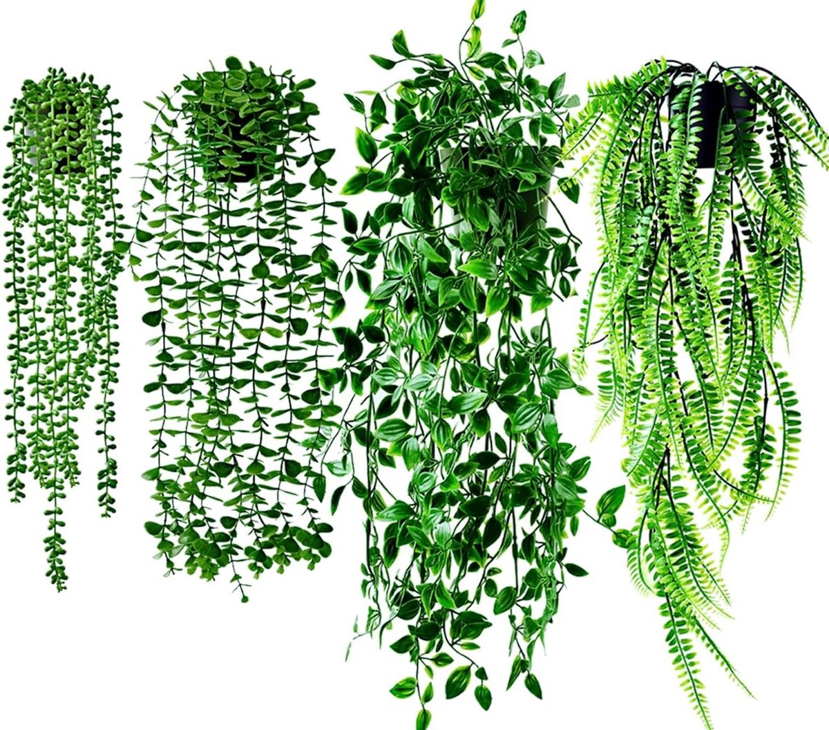 Kunstvetplanten met pot - Mix van 4 hangende planten - Verschillende lengtes tot 80 cm - Kunststof decoratie voor binnengebruik