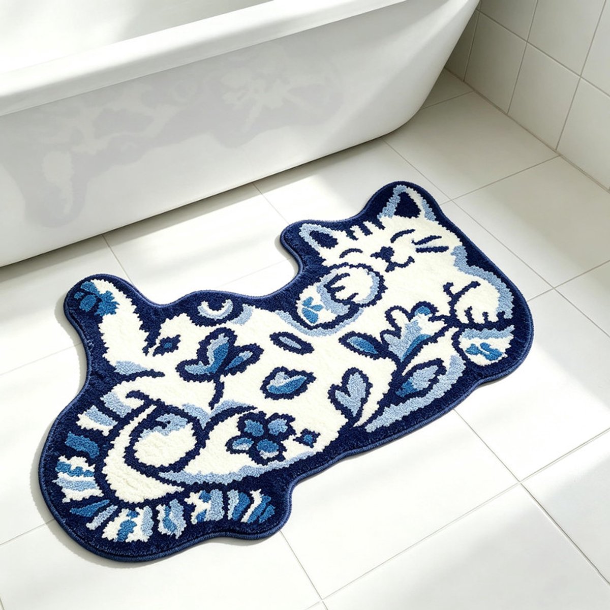 NZBZ Kattenvormige badmat - zachte absorberende microvezel - antislip honingraatonderzijde - machinewasbaar voor badkamer en douche, 80 x 50 cm