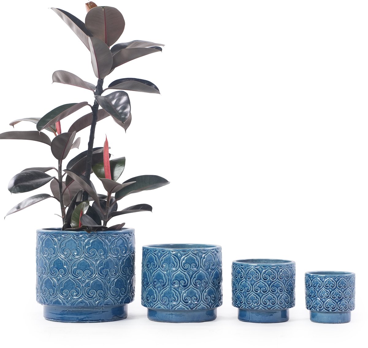 Keramische Bloempot - Plantenbak - Sierpot - Buitenpot – Vorstbestendig – Ademend – Afwateringsgat - Hartjesreliëf - Balkon - Ø 31,5 cm - 1 Stuk - Blauw