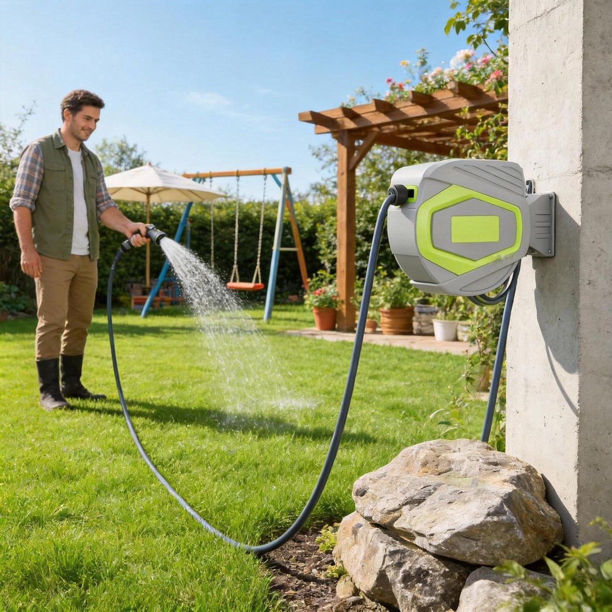 Automatische Slanghaspel - Slangbox Tuin - Tuin Bewateren - 180 Graden Draaibaar - 28 Meter Slang - Grijs Geel