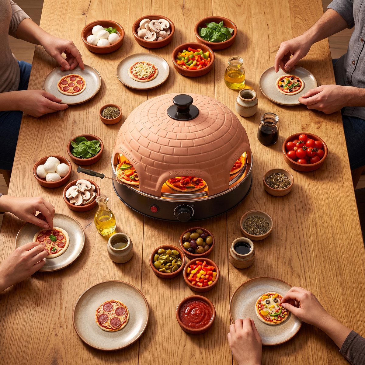 Emerio Pizzarette Origineel - 6 Persoons Pizza Oven - Handgemaakte Terracotta Koepel - 6 Geïsoleerde Bakspatels - RVS Bakplaat - Gourmetstel met Cool touch koepel - PO-115984 1200W – foto 6