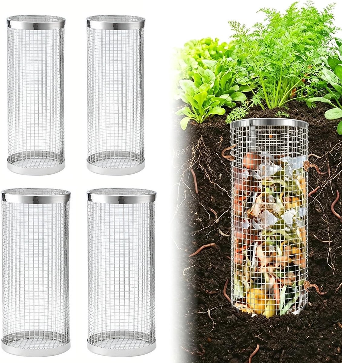 Tuincomposteerset - RVS - Ø10/9 cm - Ondergrondse Compostbak voor Organisch Afval - Voor Moestuinen en Huistuinen