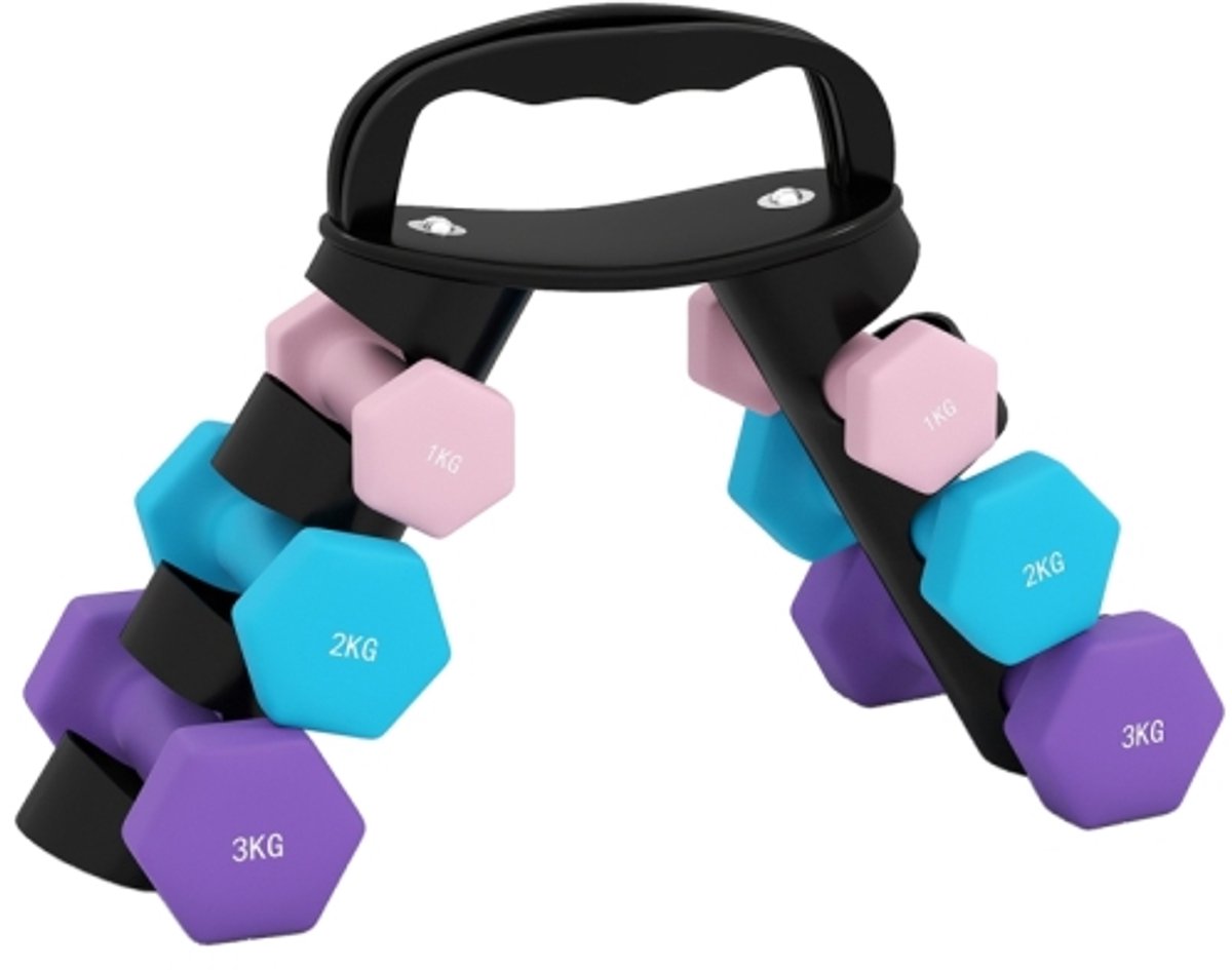 Dumbbellset met opbergrek, set van 6 dumbbells voor fitnesstraining (2 x 1 kg, 2 x 2 kg, 2 x 3 kg)