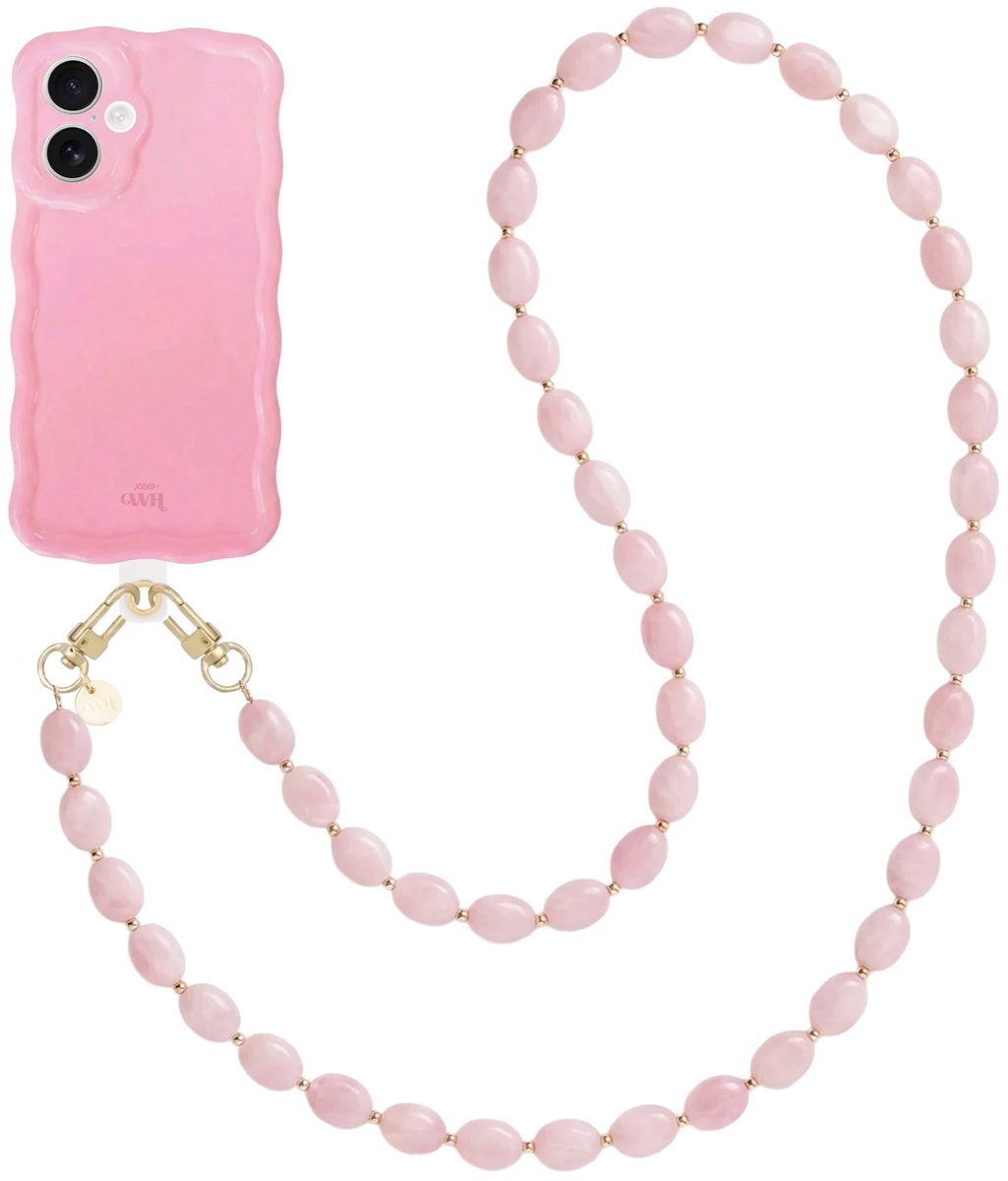 xoxo Wildhearts Glossy Wavy Case Bubble Blush - Ocean Blush (lang koord) - geschikt voor iPhone 16 Plus - hoesje met telefoonkoord - afneembaar koord - Kralenketting - lang telefoonkoord - hoesje met golven - Roze