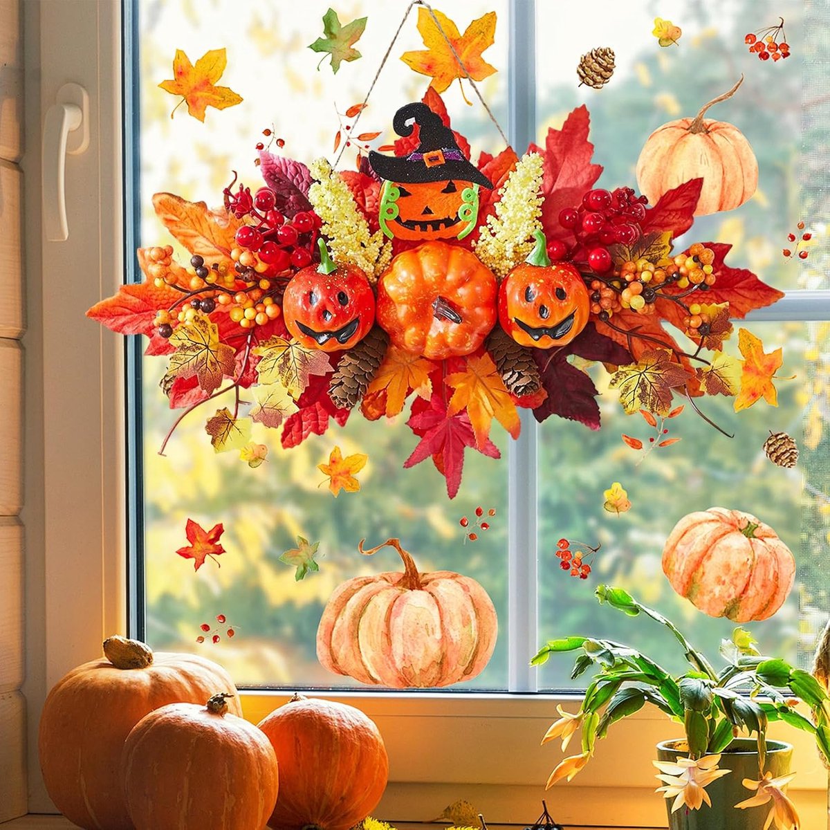 Ulisem - Halloween Krans - Herfstkrans voor Voordeur - Deurkrans met Pompoen en Spook - Halloween Deurdecoratie - Esdoornbladeren en Rozen - Herfstdecoratie - Pompoen