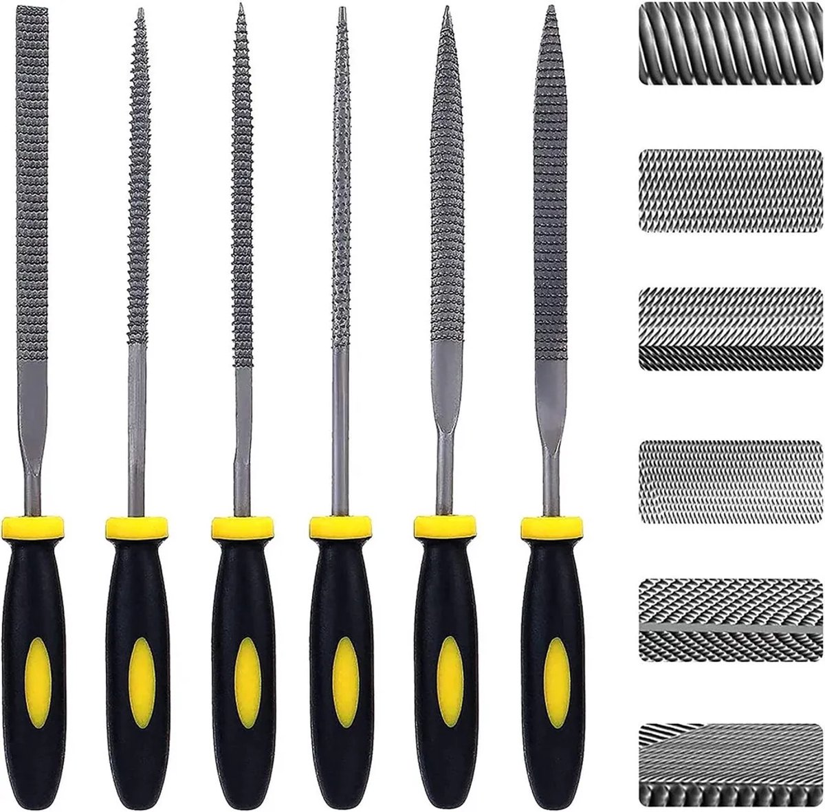 Deze 6-delige vijlenset, een mini-vijlenset van 5x180 mm van koolstofstaal Geschikt voor handvatten, bevat platte vijlen, driehoekige vijlen, ronde vijlen, halfronde vijlen, vierkante vijlen en puntige vijlen