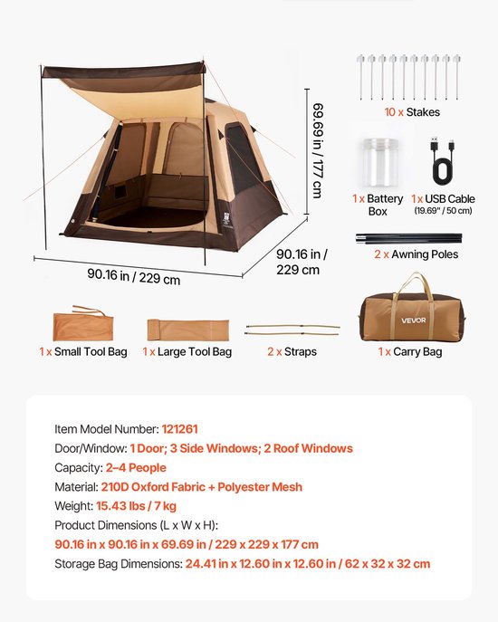 VEVOR 4-Persoons Campingtent, Opblaasbare Familietent met Oplaadbare Pomp, Tpu-Luchtslang en 5 Gaasramen, Cabinetent met Draagtas voor Gezinskamperen en Wandelen, Beige van Vevor — afbeelding 3