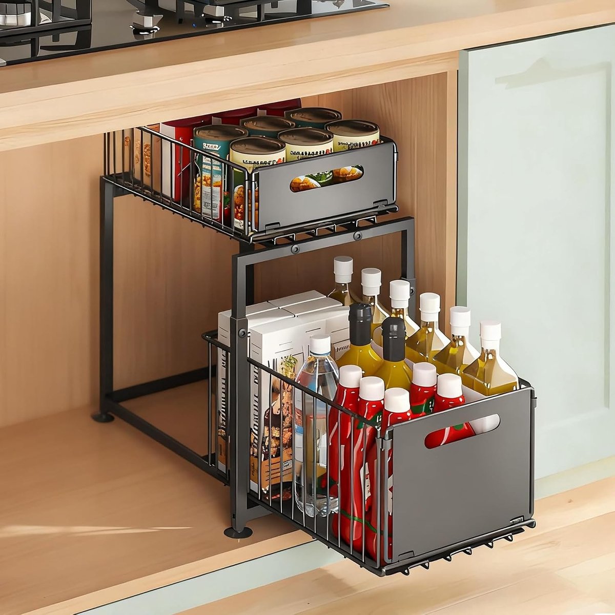 Gootsteenkast organizer - Metaalkleurig - 41-49 cm Hoogte Verstelbaar - Met Uittrekbare Laden en Antislipvoetjes - Voor Keuken en Badkamer