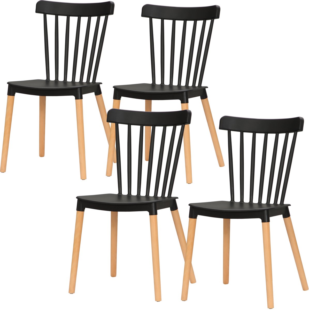 Set van 4 eetkamerstoelen, Scandinavische stijl, hoge rugleuning, zitting van polypropyleen, poten van beukenhout, voor de woonkamer, slaapkamer, keuken en kantoor, zwart