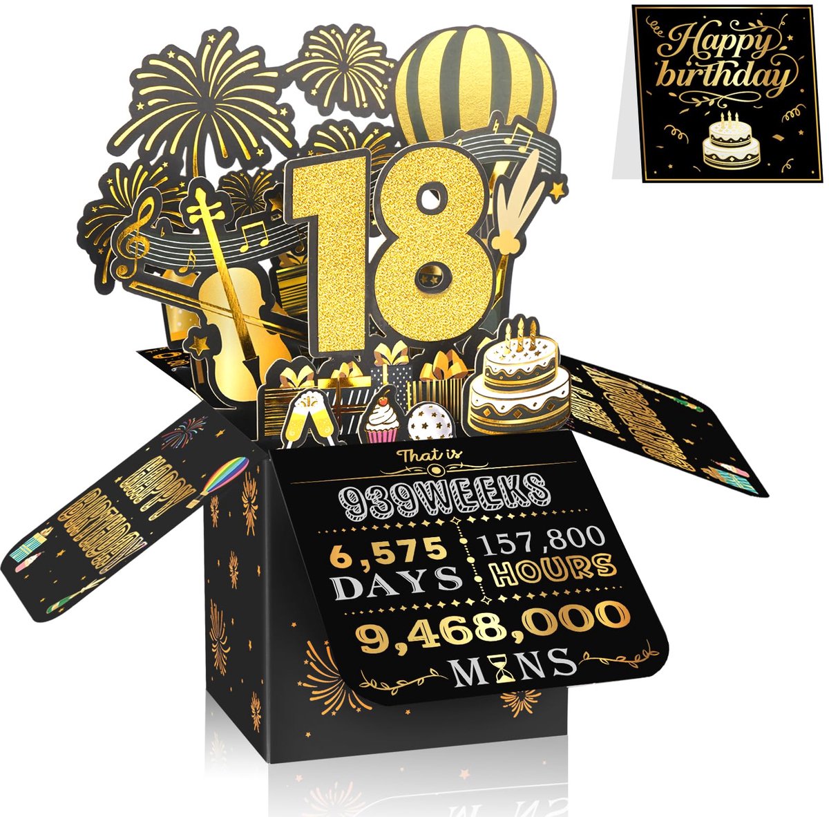 3D Pop-Up verjaardagskaart 18 jaar, zwart-goud, met envelop en persoonlijke boodschap